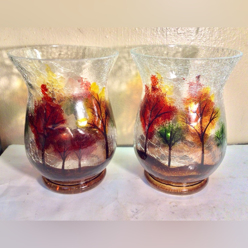 Yankee Candle Autumn Fall Trees LG Crackle Glass 8" Hurricane Jar Holder RARE x2
